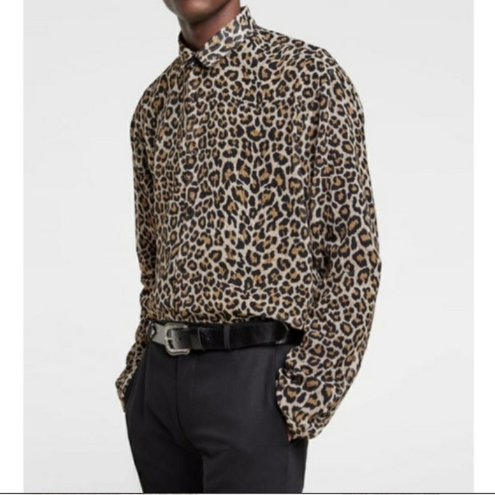 Zara Men’s Leopard Print Button-Down Shirt - Tan, Black, Brown